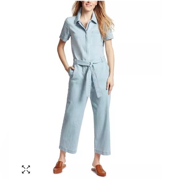 Ella Moss Belted Denim Short Sleeve Cropped Wide Leg Jumpsuit Relaxed Fit - Picture 1 of 16